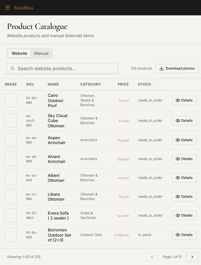 Maishhaa Operations product catalogue