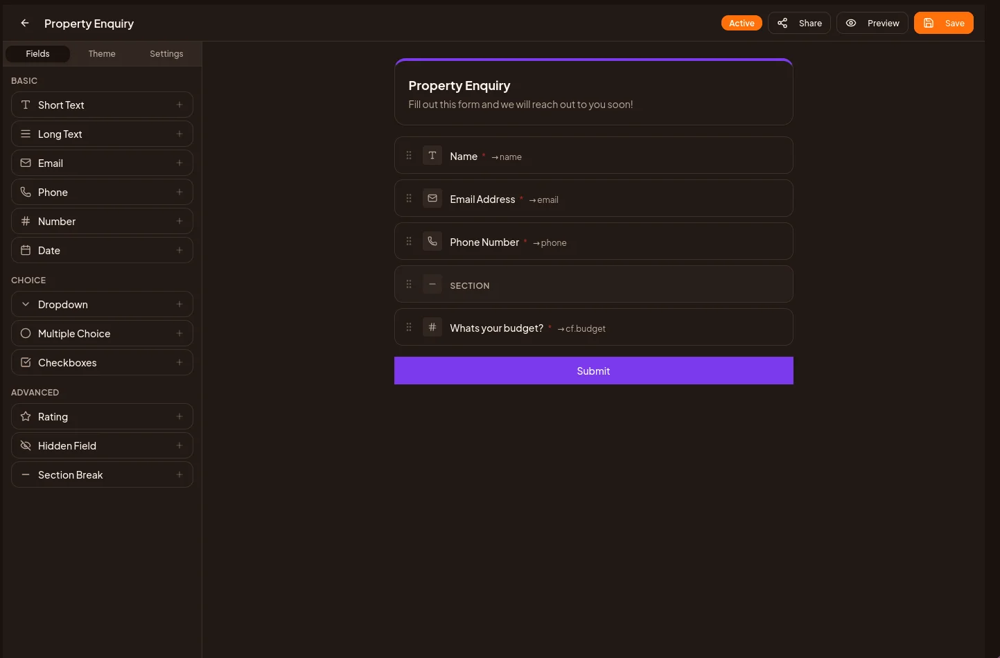 Form builder with draggable fields mapped to CRM properties