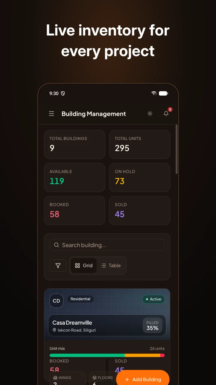 Mobile building management: live inventory per project