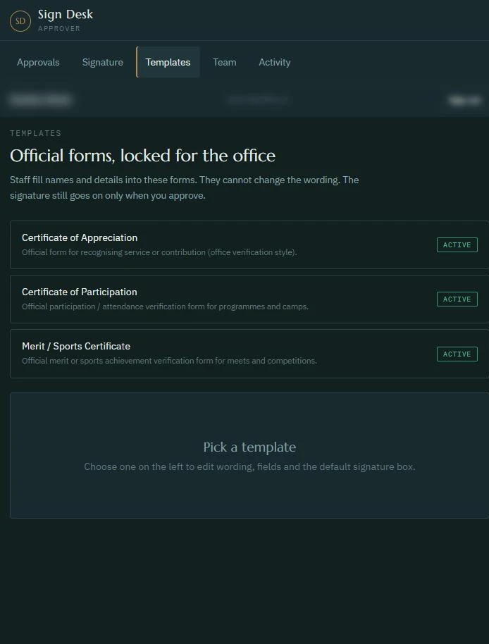 Sign Desk locked certificate templates