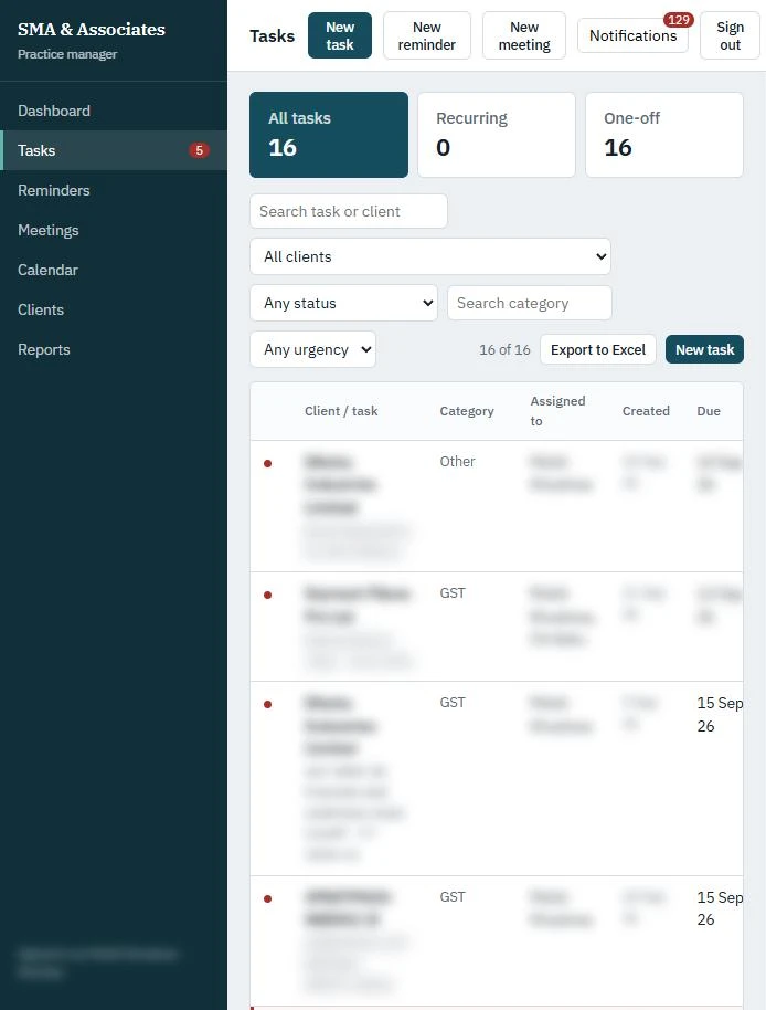 SMA Practice Manager task list (client names blurred)